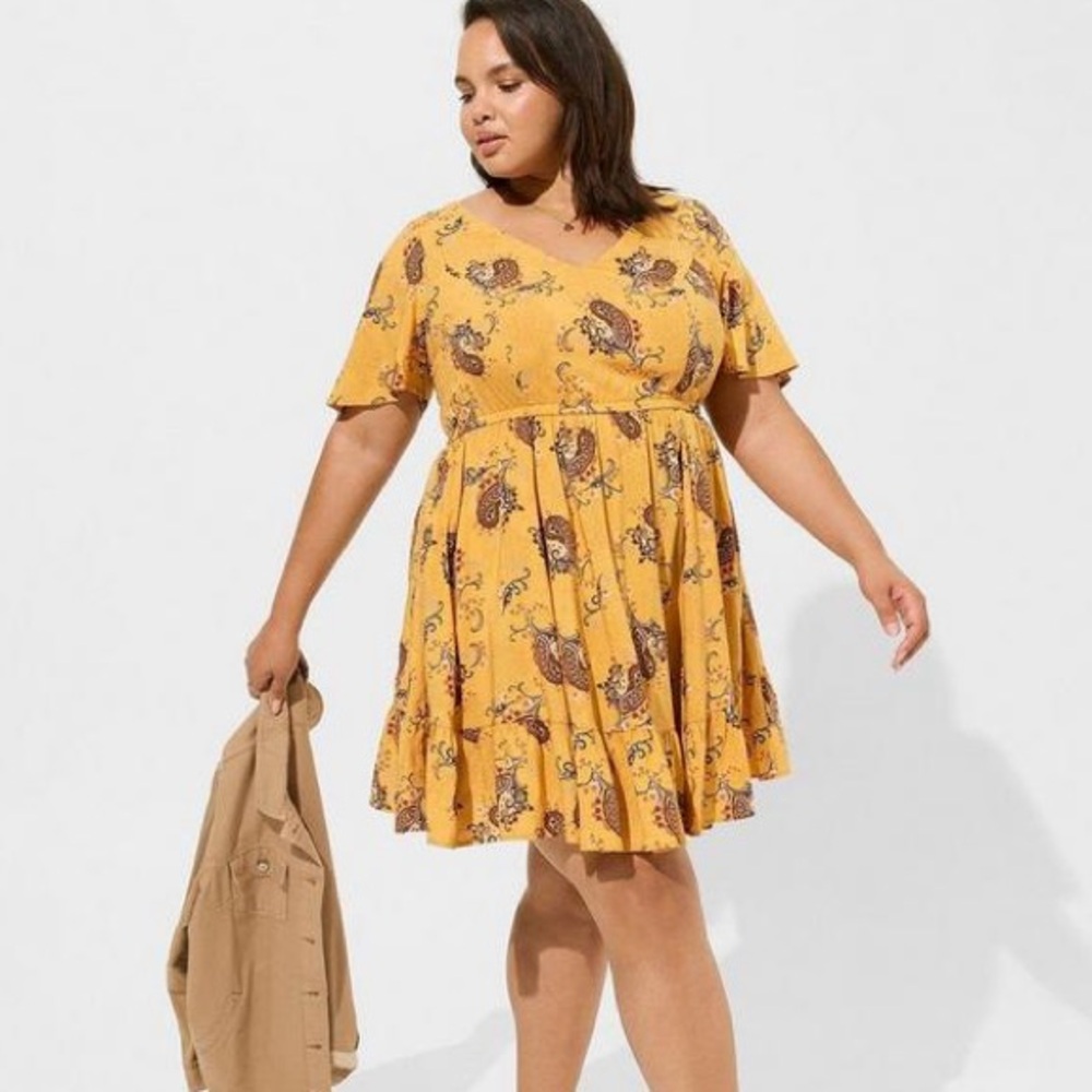 Torrid Mini Wash Challis Floral flutter sleeve lace back dress - paisley dance